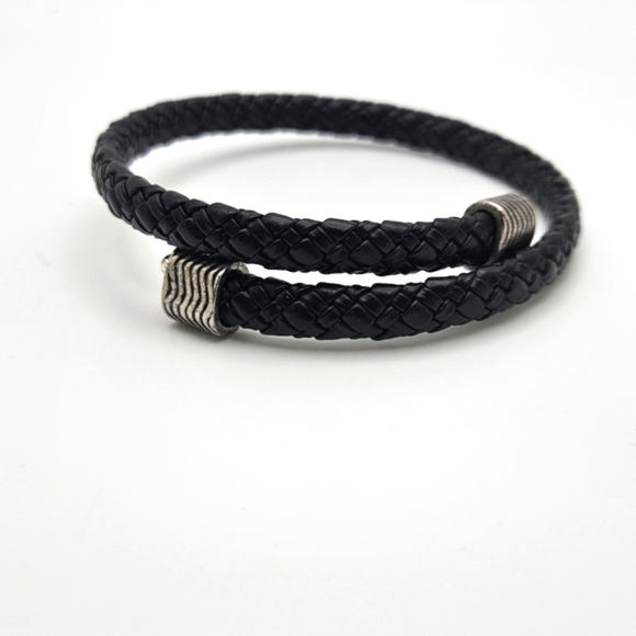 Alex and Ani Black Leather Wrap Bracelet Silver Hardware Signed - Picture 1 of 5